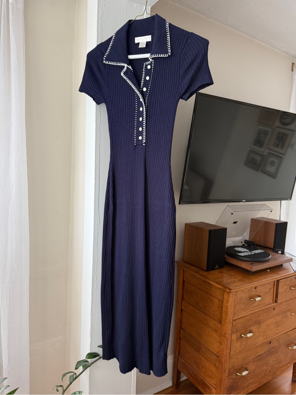 Caroline Constas Navy Ribbed Knit Polo Midi Dress Size XS